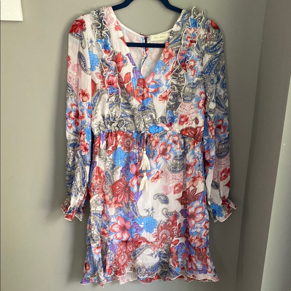 048. BNWT Floral Ruffle Dress in Red, Blue, and White